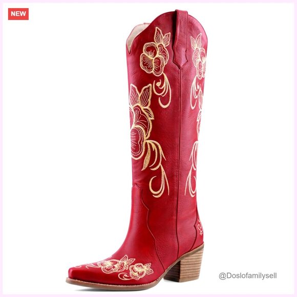 Shoes - Knee High Cowboy Boots Pointed Toe Chunky Heel Floral Embroidered Pull On
